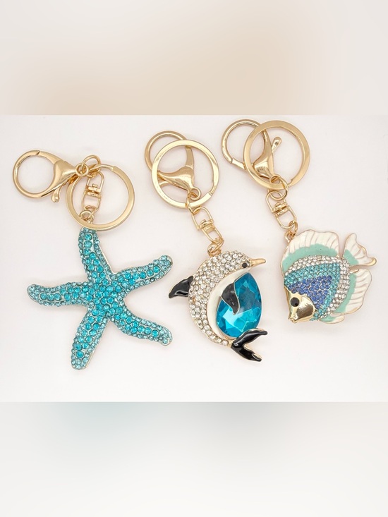 Accessories - 3 Crystal Rhinestone Enamel Fish Starfish Dolphin Keychain Bag Charm Gold Tone